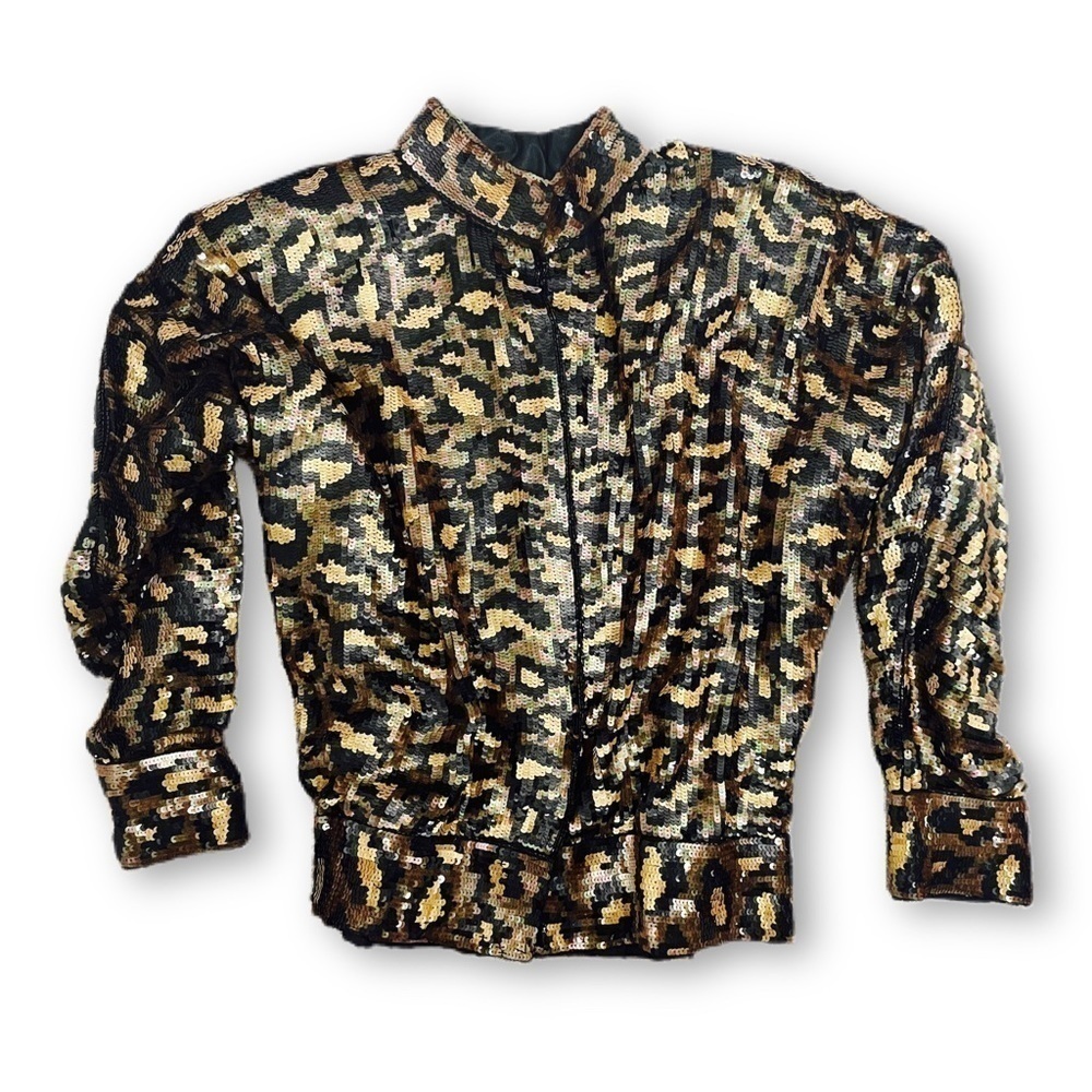 𝅺VINTAGE Fully Sequined Leopard Print Bomber Jacket - Picture 3 of 10